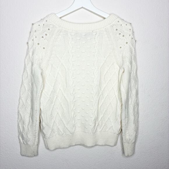 White House Black Market Cream Cable Knit Pearl Embellished Sweater XS - Picture 7 of 10
